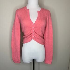 Pink Ruched Front Button Cardigan Cropped Sz Medium